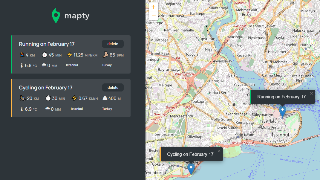 Mapty web app screenshot