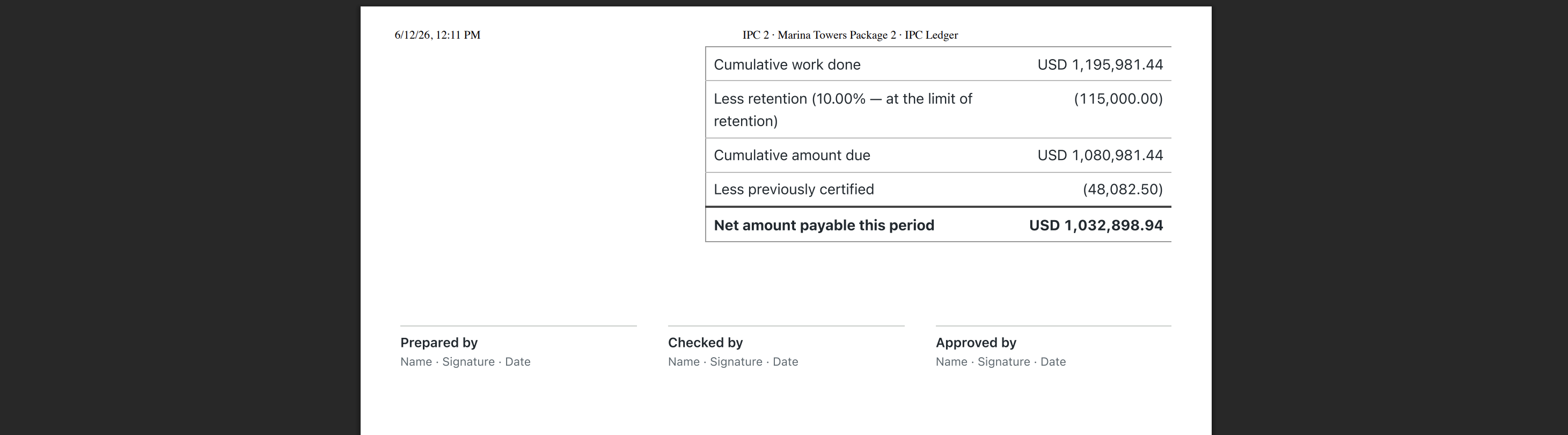 Browser print preview of the certificate with signature blocks